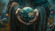 A conceptual image showing a pair of ancient, mystical hands gently holding a small, delicate Earth against a blurred natural background.