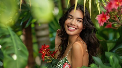 Wall Mural - Echoing the hues of a tropical paradise, a beautiful young woman with a radiant smile stands amidst lush green foliage and vibrant blooms