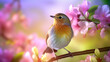 A shy robin peeks out from behind a cluster of blossoms, charm of springtime concept.