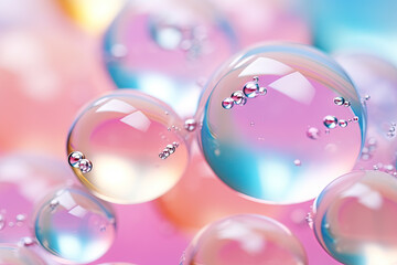 Aufkleber - Pink holographic bubbles floating on the soft colorful abstract background in beautiful vivid tones.
