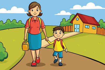 Wall Mural - mom and son go to the school on on the village road 