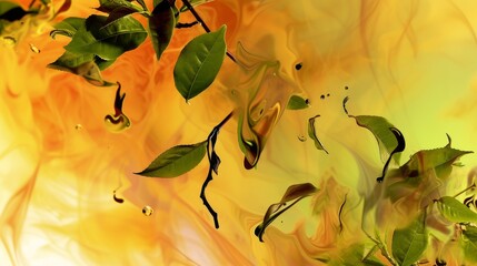 Aufkleber - Abstract image featuring delicate leaves swirling amidst golden and orange fiery tones suggestive of autumn's dance