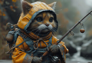 Wall Mural - Cat in raincoat with fishing rod and backpack
