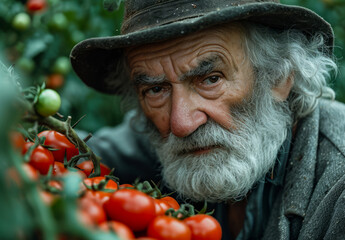 Wall Mural - Senior man with white beard and mustache grows tomatoes in his hothouse on farm