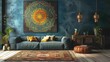a radiant flowering mandala on a cool steel blue wall, inviting relaxation on a luxurious sofa.