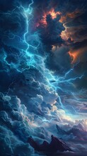 Swirling Clouds With Luminous Lightning Bolts - A Digital Art Fantasy