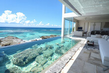 A Modern Beach Terrace With Transparent Flooring Showcasing The Ocean Life Underneath