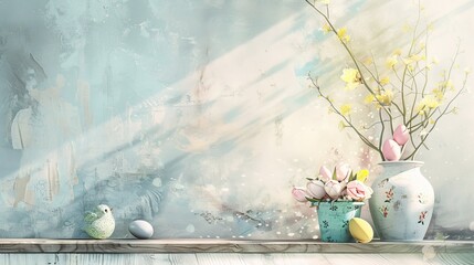Wall Mural - Beautiful flowers and Easter eggs on spring background with copy space.