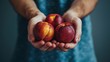 Fresh nectarine held in hand on blurred background with selection of nectarines and copy space