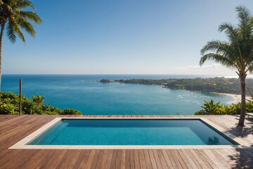 View of swimming pool and ocean in the background