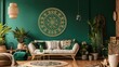 a flourishing mandala on a deep emerald green wall, complemented by a chic sofa arrangement.