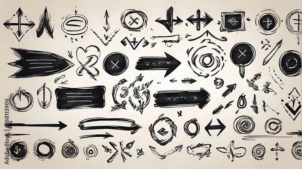 A group of chalked arrows and frames. Hand drawn black charcoal symbol ...