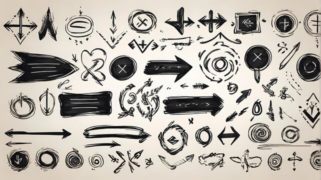 A group of chalked arrows and frames. Hand drawn black charcoal symbol for hand drawn diagram. Doodle marker drawing. Freely different curved arrows, swirls, circles and tick marks.