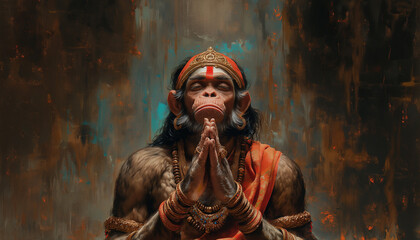 Hindu god Hanuman in meditating pose. Temple scenery