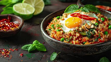 Wall Mural - Traditional Indonesian Food Nasi Goreng served with Egg Chilli Cucumber and Vegetables Asian Food
