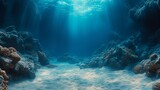 Fototapeta Do akwarium - Underwater background featuring a deep blue sea with beautiful light rays piercing through the water