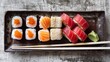 Sushi roll japanese food style - Selective focus point. Sushi with salmon, tuna, caviar and cucumber