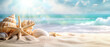 Gorgeous beach scene with seashells and starfish on the sand, under a bright sun, evoking a warm, relaxing vacation vibe.