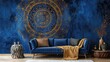 a captivating scene featuring an intricate mandala on a cobalt blue wall, enhancing the aesthetic appeal with a cozy sofa.