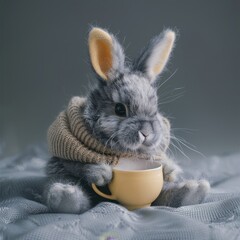 Wall Mural - a rabbit wearing a sweater and holding a cup