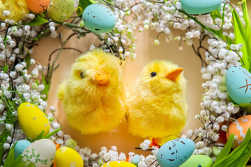  Yellow Chickens in a basket, decoration for Easter. An Easter card a copy place
