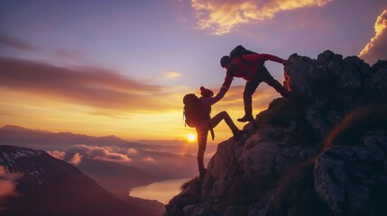 Friends helping each other hike up a mountain at sunrise. Giving a helping hand, and active fit lifestyle concept.