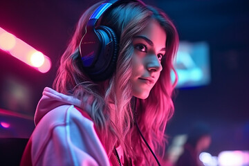 Poster - Professional esports player taking part in team competition gamer space neon light Generative AI picture
