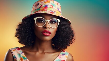 Canvas Print - Black woman wearing colorful retro style, hat and glasses