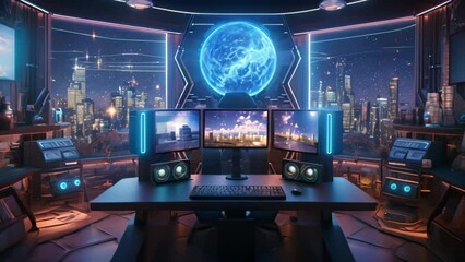 Poster - 3D rendering of a spaceship interior with a view of the city, A 3D rendering features a small house on the grass with a lot of lights, AI Generated