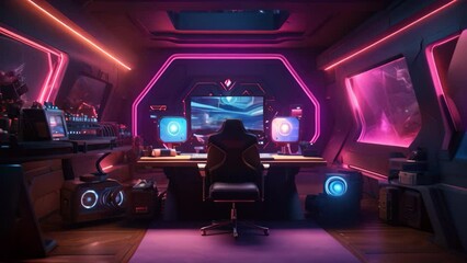 Canvas Print - Futuristic interior of a spaceship with neon lights. 3D rendering, A 3D rendering features a small house on the grass with a lot of lights, AI Generated