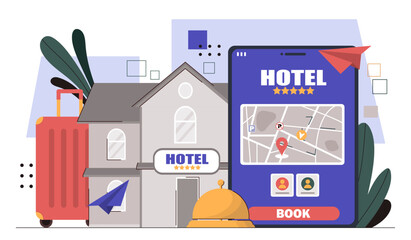Poster - booking hotel online concept. mobile application for travellers and tourists. holiday and vacation. 