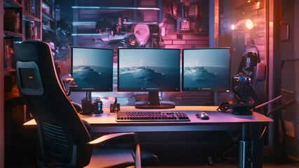 Sticker - Cyberpunk style cyberpunk gamer workspace with computer and gaming gear, A cyberpunk gamer workspace with a computer and a mouse is presented in 3D rendering, AI Generated