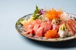 Hearty sashimi on a porcelain platter against a pastel or soft colors background