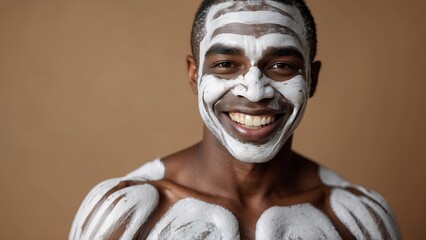 Model black man applying clay mask, spa costume