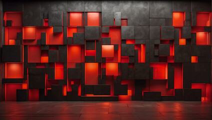Interior wall design idea. An abstract modern three dimensional wall pattern made of extruded dark gray and glowing orange square tiles creates a dynamic geometric backdrop