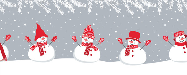 Wall Mural - Cute snowmen have fun in winter holidays. Seamless border. Christmas background. Different snowmen in red winter clothes under spruce branches. Template for a greeting card. Vector illustration