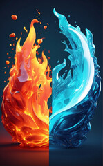 A abstract digital artwork depicts two vividly contrasting elements - a fiery orange flame and a cool blue water splash swirling together