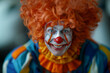 A vibrant clown with a whimsical smile in full costume and makeup.