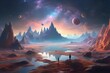 Generate an AI-generated image depicting an alien landscape viewed through an equidistant projection. Envision a surreal and otherworldly terrain with unique geological formations, vibrant colors..