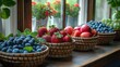 Nature's Palette: A picturesque scene unfolds with baskets of fresh green apples, succulent strawberries, and plump blueberries, adding a burst of color to the kitchen.