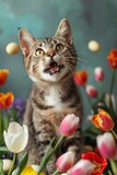 Fototapeta Zwierzęta - Happy Cat with few easter eggs in beautiful studio background with tulips and spring decorations created with Generative AI Technology