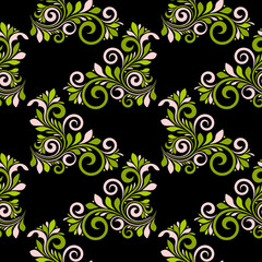 Wall Mural - Decorative seamless background with a vintage pattern in pink and green with leaves, curls, dots on black.