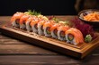 Exquisite sushi on a plastic tray against a rustic wood background