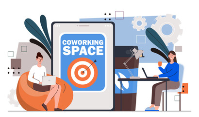Poster - people at coworking space. two women sitting at workplace with computer and laptops. partners and co