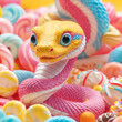 Cartoon cute snake reptile in the candy kingdom. A bright python prince in the world of ladies.