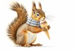 A cheerful squirrel with a striped scarf, balancing an ice cream cone on its tail. Illustration On a clear white background 