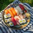 top view of a plate of beautiful premium sushi, focus on sushi, clarity of sushi details. very realistic photo. plate on a picnic blanket, beautiful shadows, summer day 