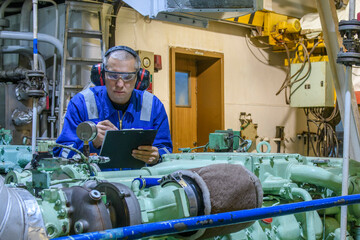 Wall Mural - Marine Engineer in blue overall working in Engine room of ship. Work at sea. Motorman.