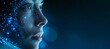 A woman's face with glowing blue digital data particles flowing around her