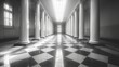 A monochrome background depicts a long corridor in a building, lined with columns.